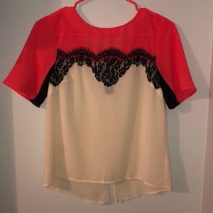 Coral with Black Lace Cream Blouse